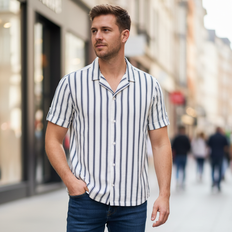 Striped Button-Up Shirt Men Casual
