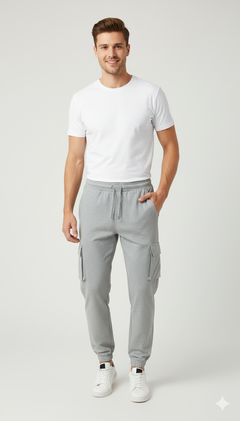 Gray Elastic-Waist Cargo Joggers