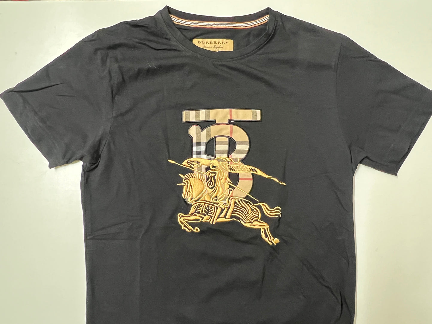 Black Graphic T-Shirt with Bold TB Monogram and Equestrian Knight Design
