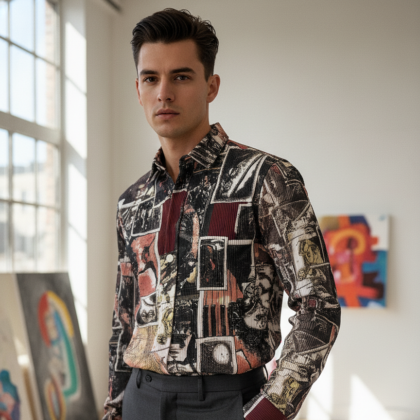 Men's Abstract Collage Print Button-Up Shirt