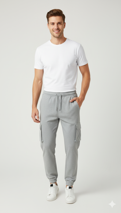 Gray Elastic-Waist Cargo Joggers
