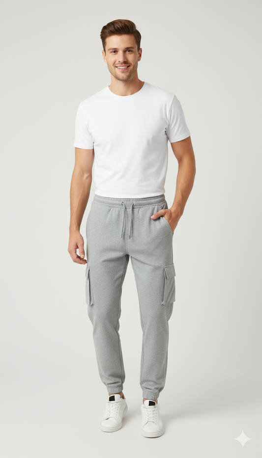 Gray Elastic-Waist Cargo Joggers